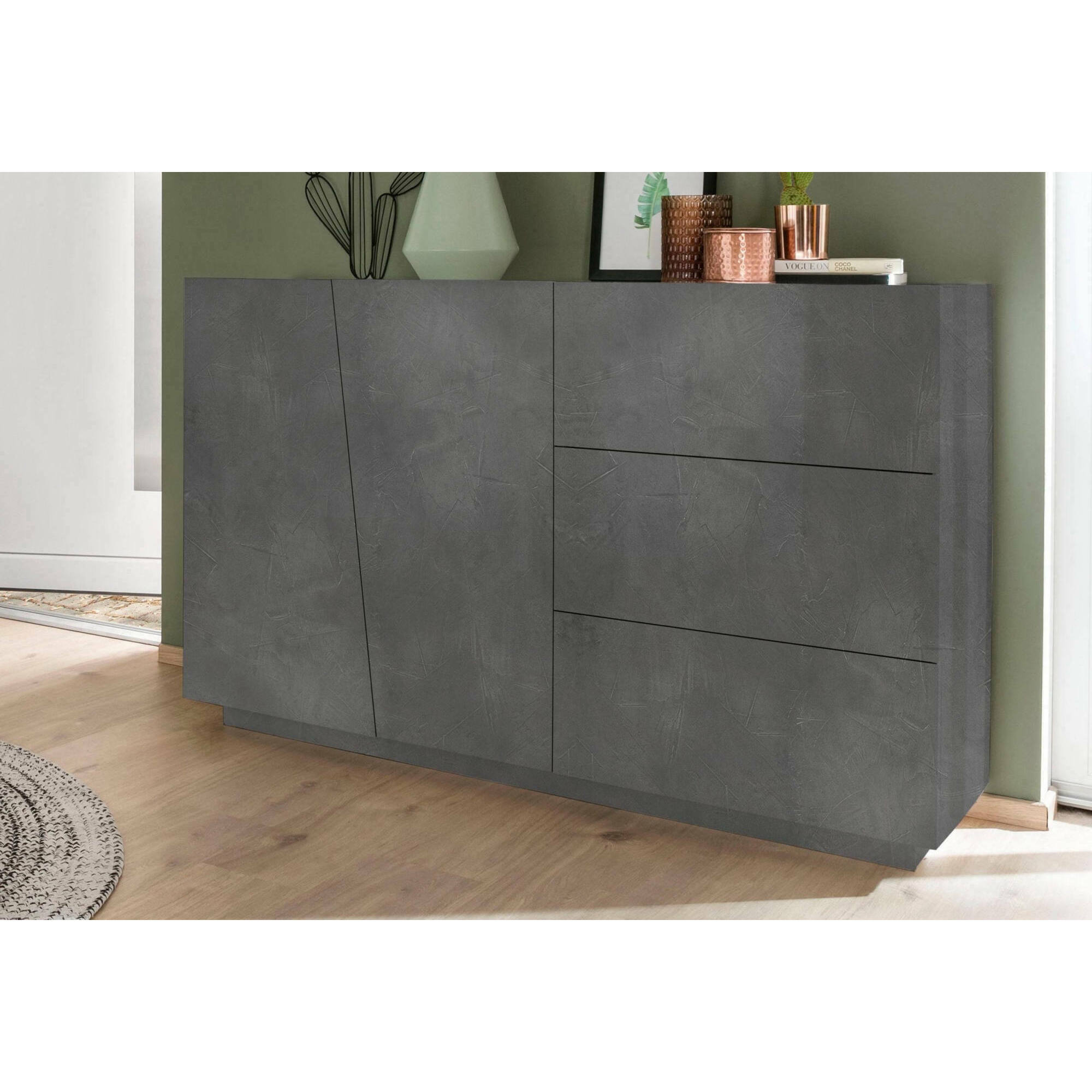 Credenza moderna a 2 ante e 3 cassetti, Made in Italy, Madia da cucina, Buffet di design da soggiorno, cm 141x43h86, colore Grigio Ardesia