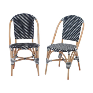 Lot de 2 chaises empilables bistrot en rotin et polyrotin noir et blanc. L 48 x P 58 x H 90cm