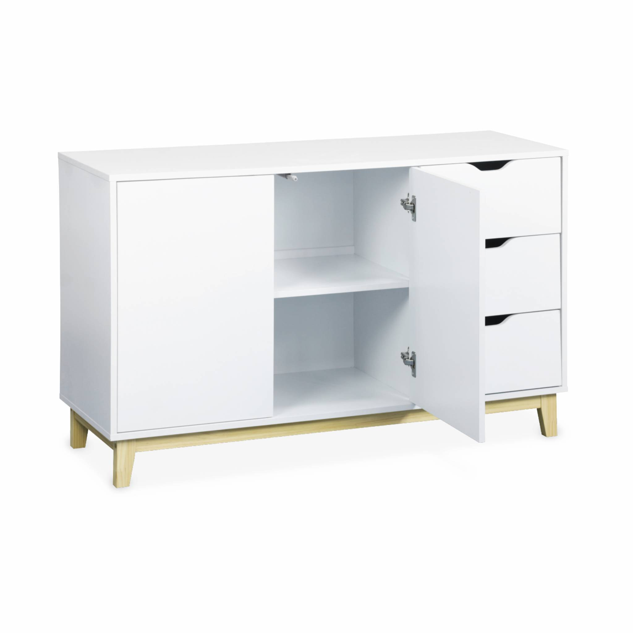 Buffet de rangement blanc. pieds bois - Floki - avec 3 tiroirs. buffet 2 portes. buffet bas. 120x40x75 cm