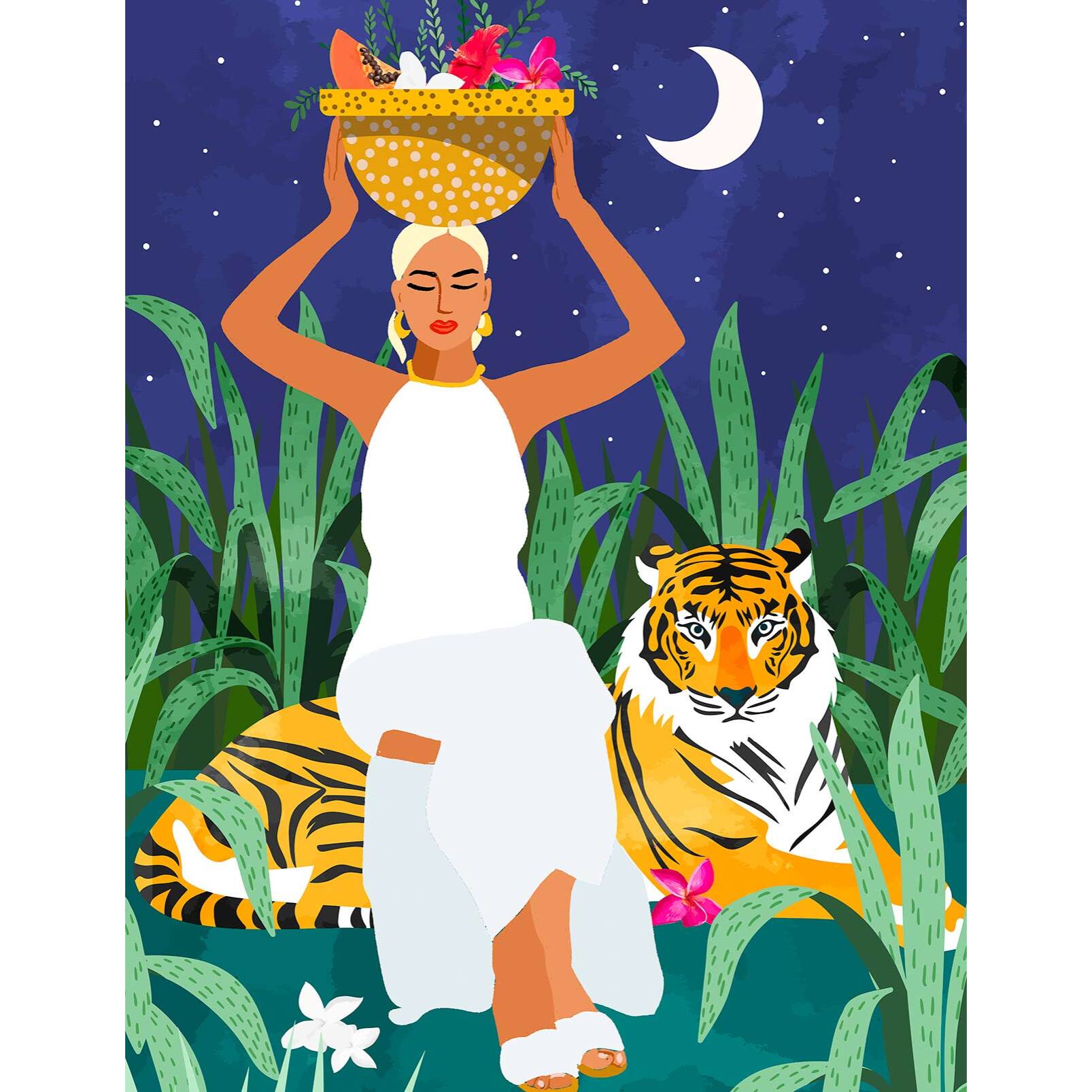 Papier peint femme et tigre scène tropicale artistique nocturne Intissé
