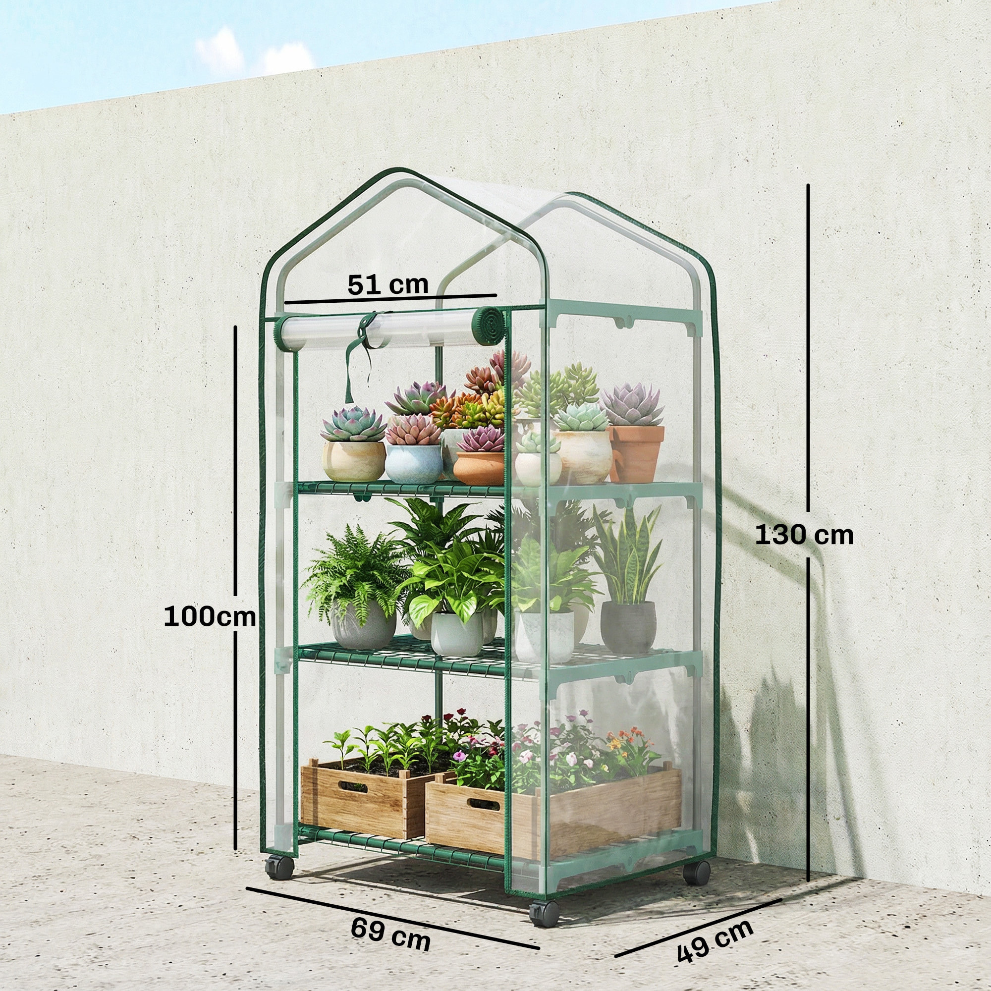 Mini serre de jardin 3 étagères porte enroulable 4 roulettes PE transparent