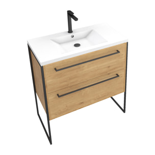 Meuble de salle de bain 80x50cm - vasque blanche 80x50cm - 2 tiroirs finition chêne naturel