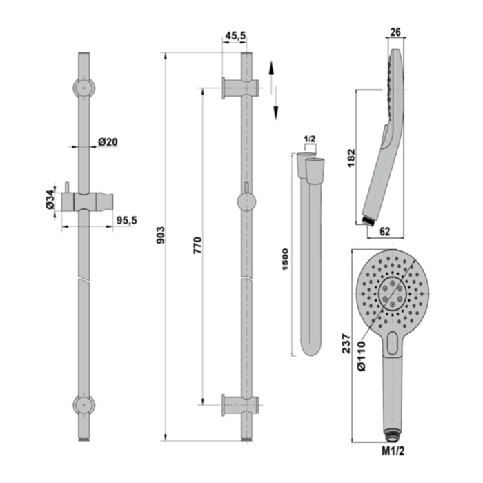 Ensemble de douche avec douchette 3 jets PAINI Jewel