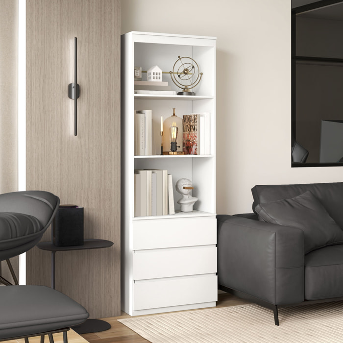 Bibliothèque 3 étagères 3 tiroirs - dim. 60L x 35l x 180H cm - panneaux aspect bois blanc