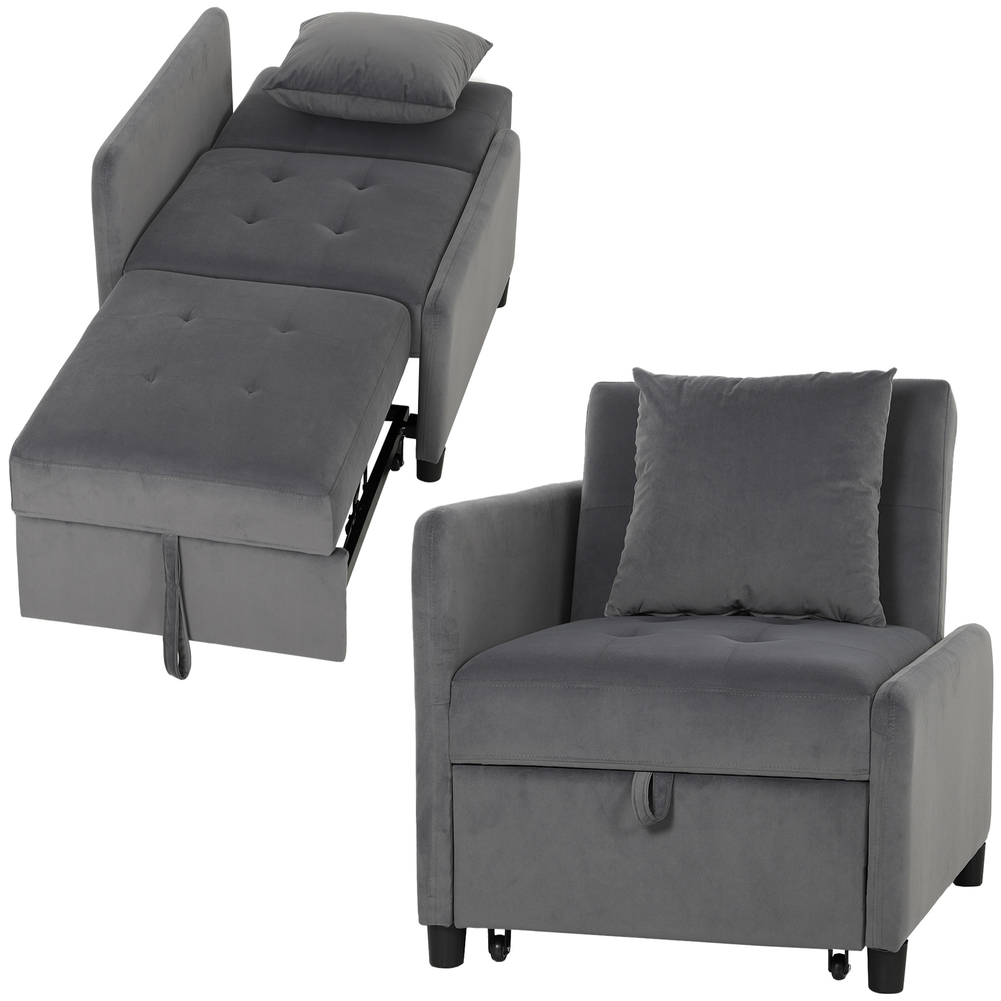 Sofá Cama 1 Plaza Convertible 4 en 1, Sillón Cama Plegable, Tapizado en Terciopelo, Respaldo Ajustable, Almohada con Funda Lavable, para Salón, 72,5x89,5x83 cm, Gris Oscuro
