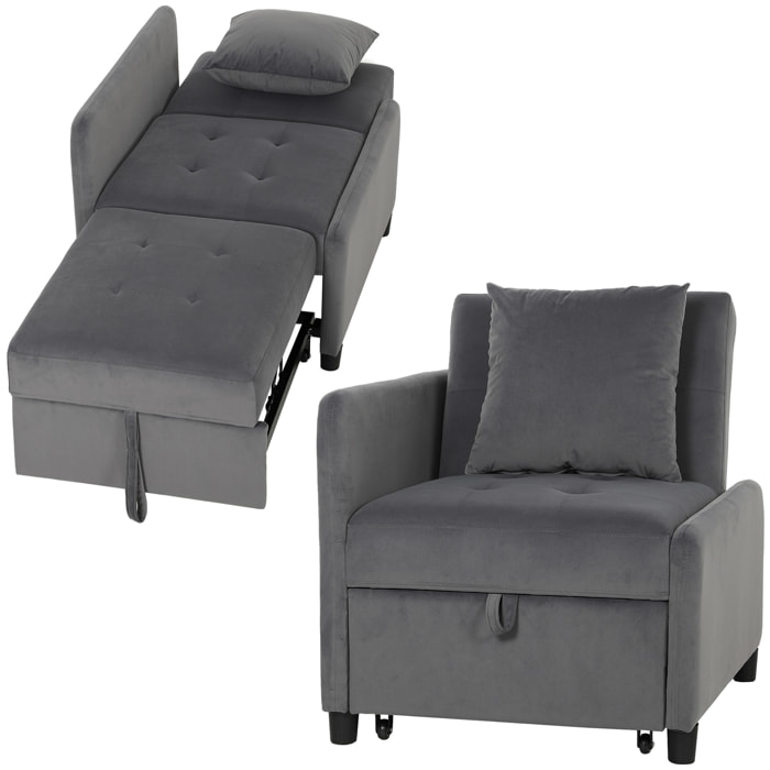 Sofá Cama 1 Plaza Convertible 4 en 1, Sillón Cama Plegable, Tapizado en Terciopelo, Respaldo Ajustable, Almohada con Funda Lavable, para Salón, 72,5x89,5x83 cm, Gris Oscuro