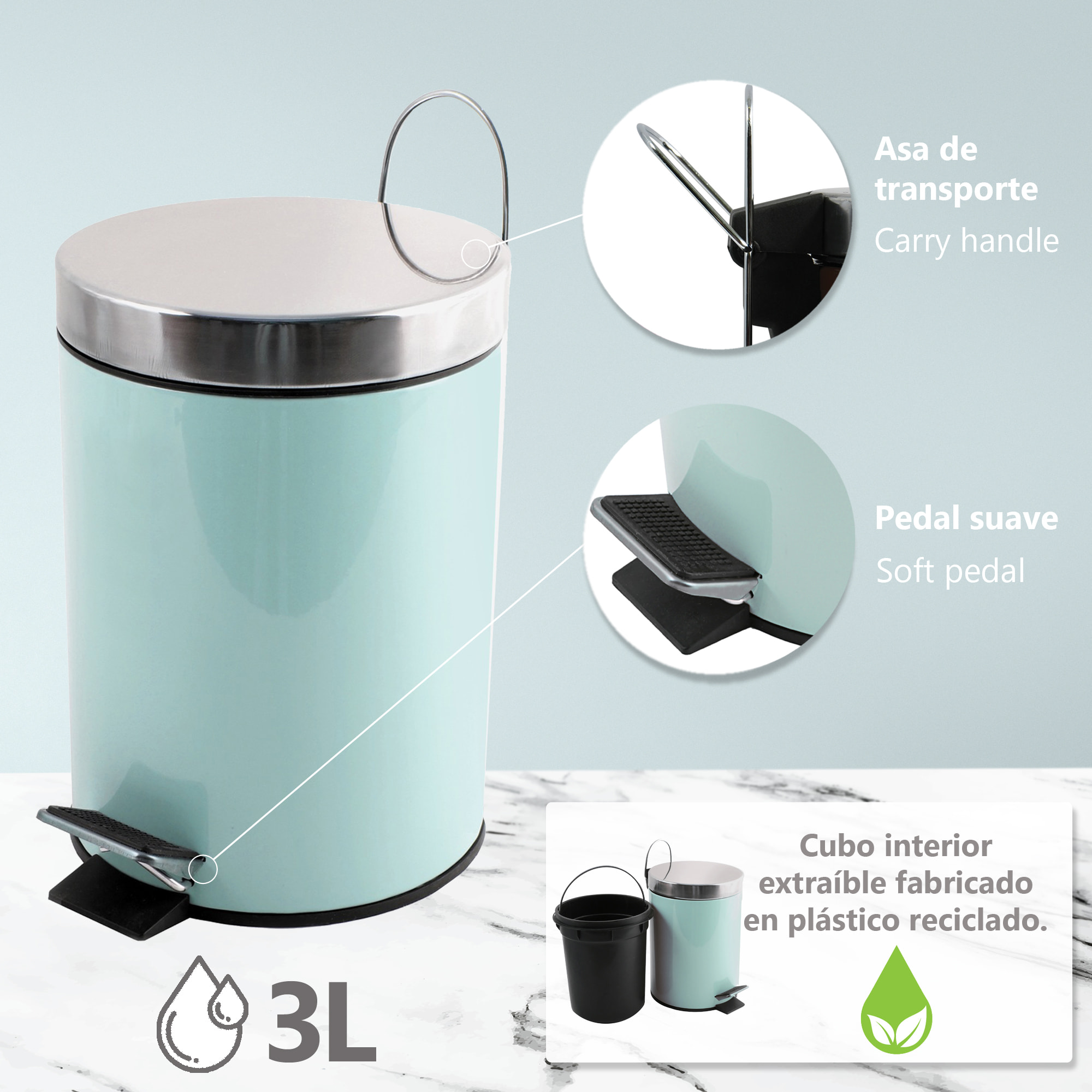 Cubo de basura con pedal MSV "Brest" 3 litros de acero inoxidable en color verde Ø25 x 17 cm