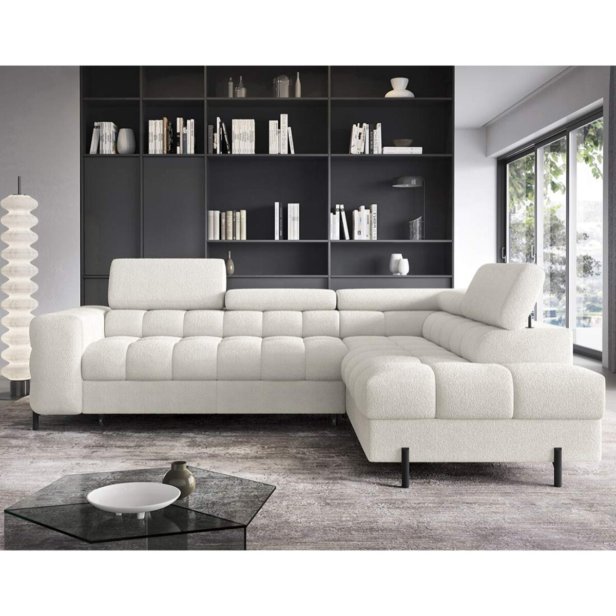 Elisa - canapé d'angle droit 5 places convertible avec coffre et têtières réglables en tissu bouclette - Blanc