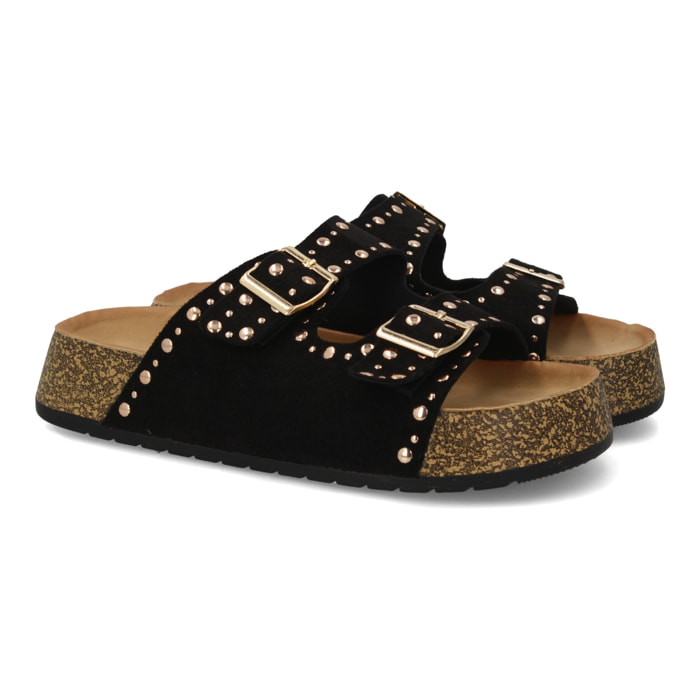Sandalia plana mujer hebillas y tachuelas