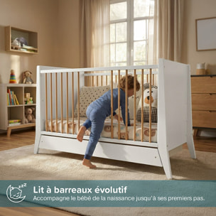 Lit Evolutif Timéo à barreaux 60 x 120 cm, Couleur Blanc & Bois, En Bois, 3 Hauteurs, Tiroir intégré, Barreaux amovibles