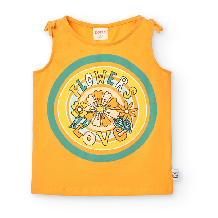 Camiseta niña estampada, cuello redondo, tirantes, naranja