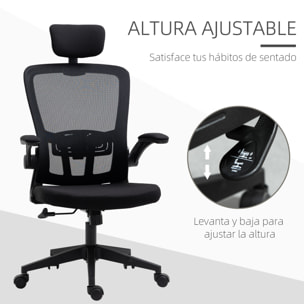 Vinsetto Silla de Oficina de Malla Ergonómica Silla Escritorio Giratoria con Altura Ajustable Reposabrazos Plegable Reposacabezas y Soporte Lumbar Regulables 65x64x114-122 cm Negro