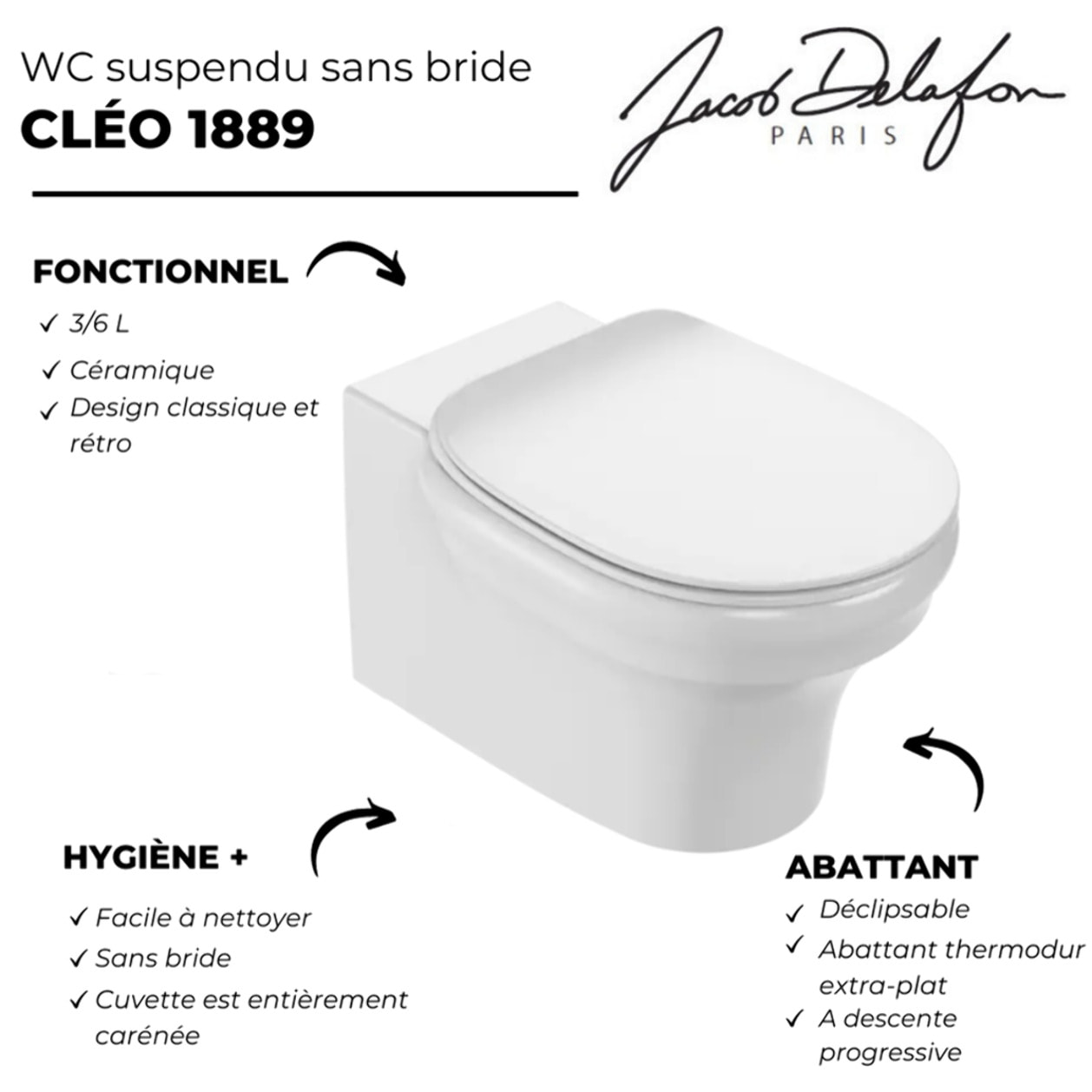 Pack WC suspendu sans bride à économie d'eau Cléo 1889 +  abattant + bâti-support + plaque rectangle blanche