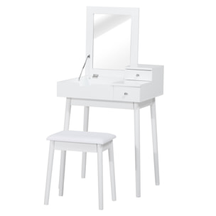 Coiffeuse table de maquillage avec tabouret miroir rabattable coffre + 2 tiroirs MDF bois massif pin blanc