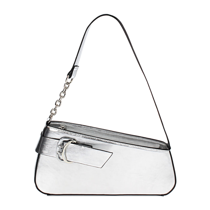 Mini bag donna argento in laminato con fibbia