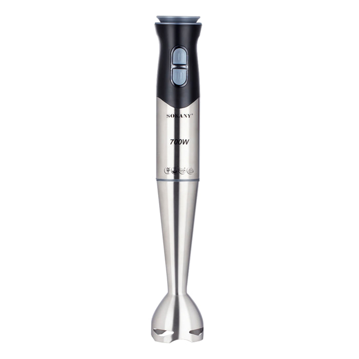 Frullatore a mano da 700W con due velocità, design ergonomico, corpo e braccio in acciaio inox. Braccio lavabile in lavastoviglie.