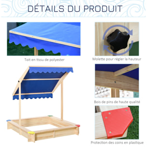 Bac à sable bois carré dim. 1,2L x 1,2l x 1,2H m - hauteur et inclinaison toit réglables - bois naturel de pin