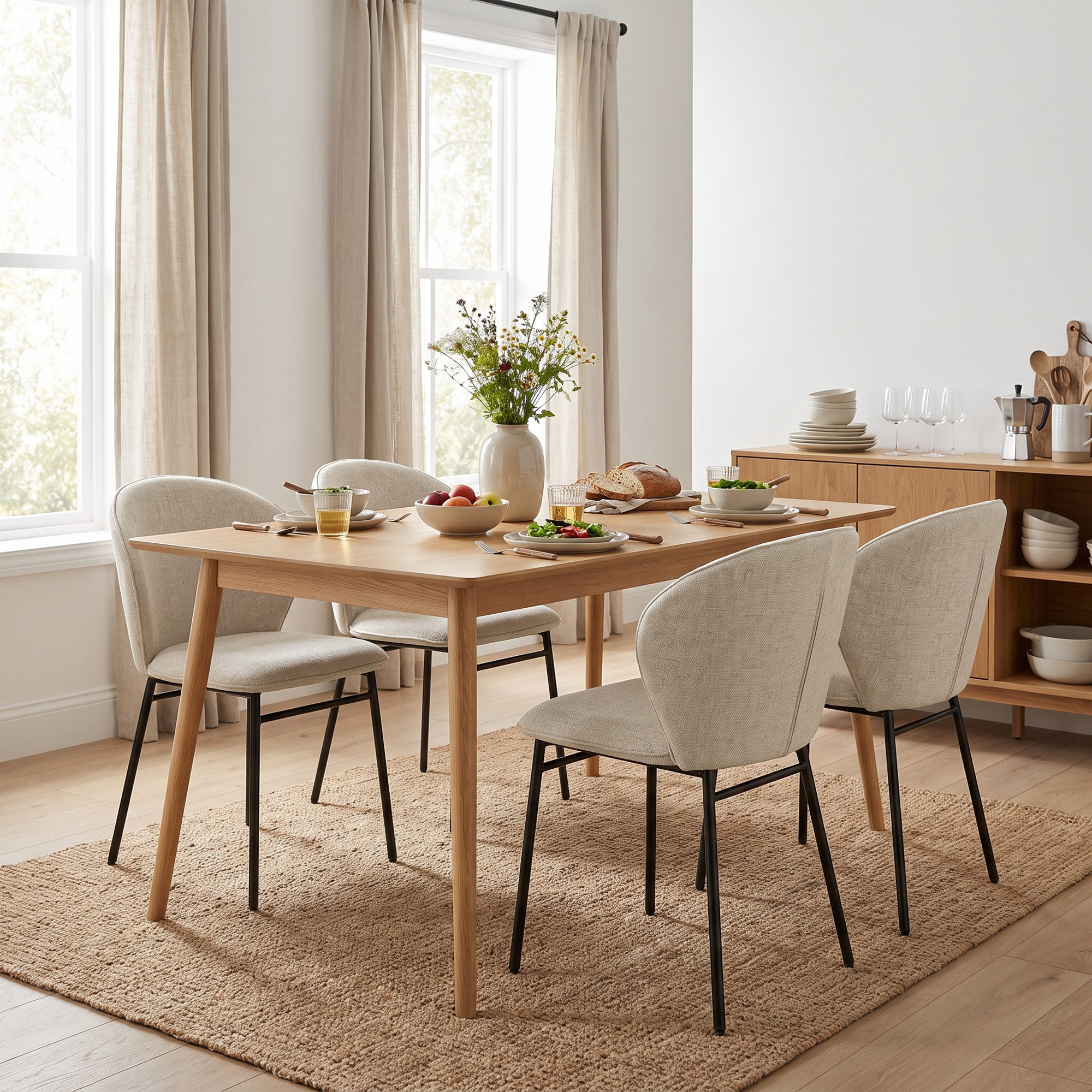 Lot de 2 chaises grand confort dossier enveloppant piètement acier noir revêtement tissu aspect lin beige