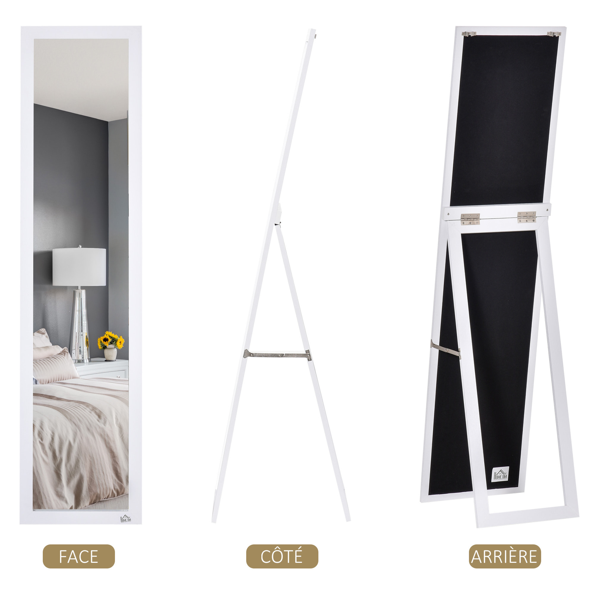 Miroir sur pied et mural rectangulaire dim. 37L x 48l x 152H cm blanc