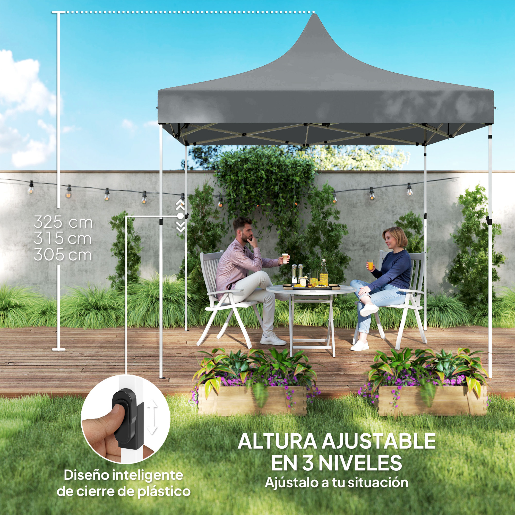 Carpa Plegable Pop-up Gazebo 3x3 m Cenador Plegable con 4 Paredes Laterales Anti-UV Altura Ajustable Marco Metálico Robusta y Bolsa de Transporte para Camping Fiestas Gris