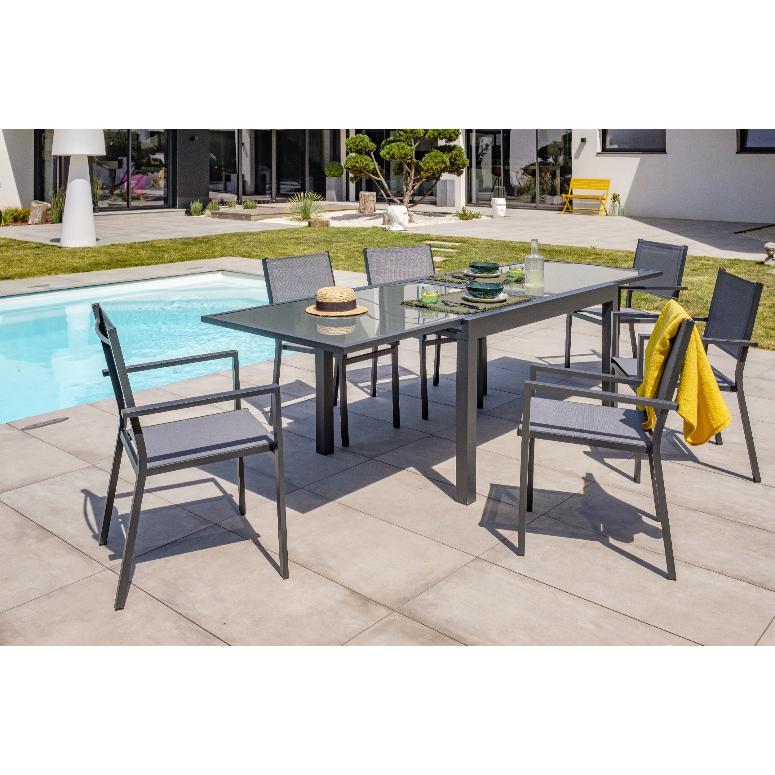 TOLEDE - Fauteuil de jardin empilable en alu anthracite et toile plastifiée grise