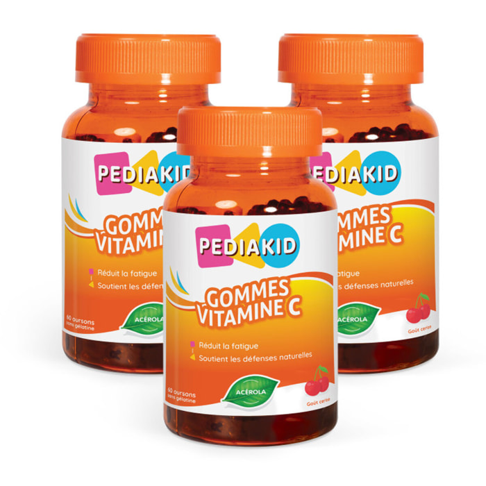 PEDIAKID - Gommes Vitamine C - Formule Naturelle au Délicieux Arôme de Cerise - Contribue à Réduire la Fatigue - Soutient le Métabolisme Énergétique et les Défenses de l'Organisme - Lot de 3 piluliers