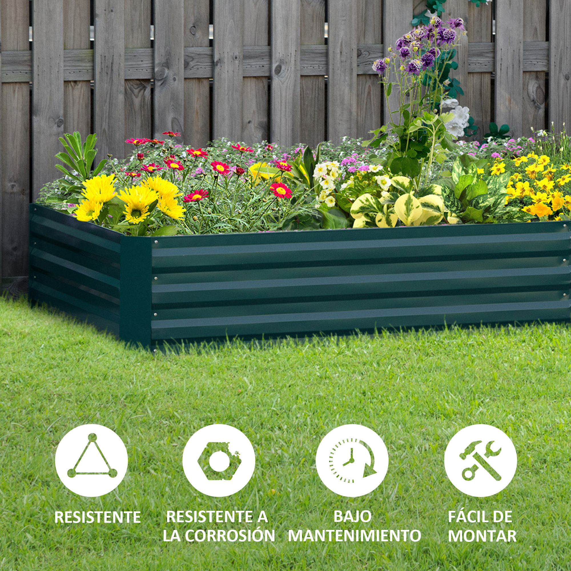 Jardinera Elevada de Acero Galvanizado Huerto Urbano para Cultivar Plantas Flores Hierba Macetero Grande Exterior Rectangular con Fondo Abierto 241x90,5x30 cm Verde