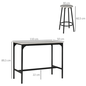 Conjunto Mesa Alta de Cocina con 4 Taburetes, Mesa de Bar Alta, Ahorro de Espacio, para Pisos Pequeños, Cocina, Comedor, Balcón o Isla Cocina 110x50x89,5 cm, Gris y Negro
