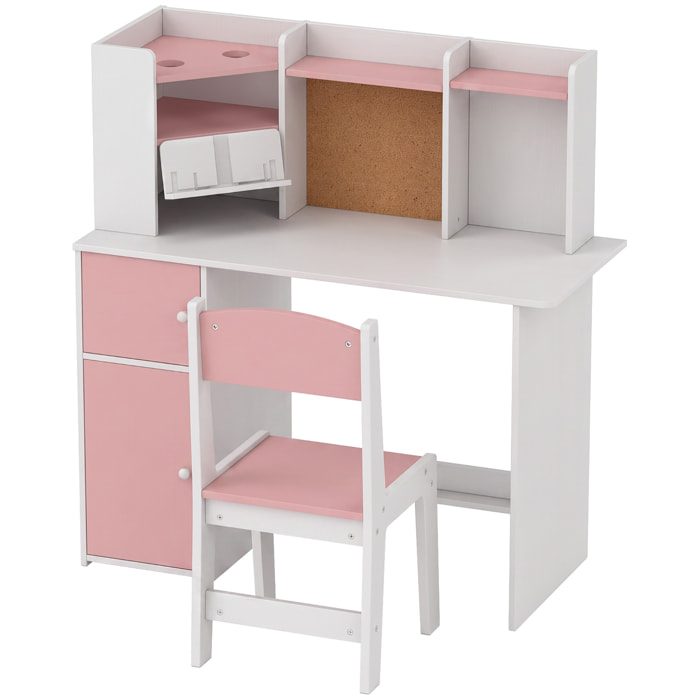 Bureau enfant chaise design multi-rangement avec panneau en liège blanc rose