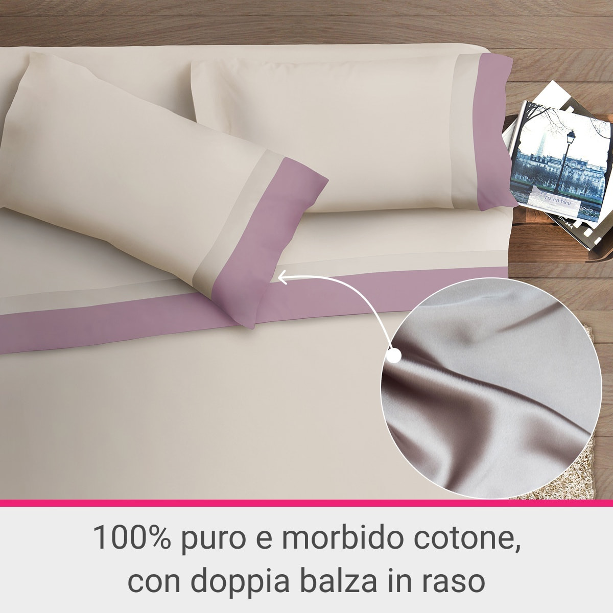 Completo letto doppia balza RASO IPERSAN Puro Cotone Malva/Panna fondo Panna