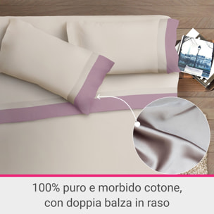 Completo letto doppia balza RASO IPERSAN Puro Cotone Malva/Panna fondo Panna