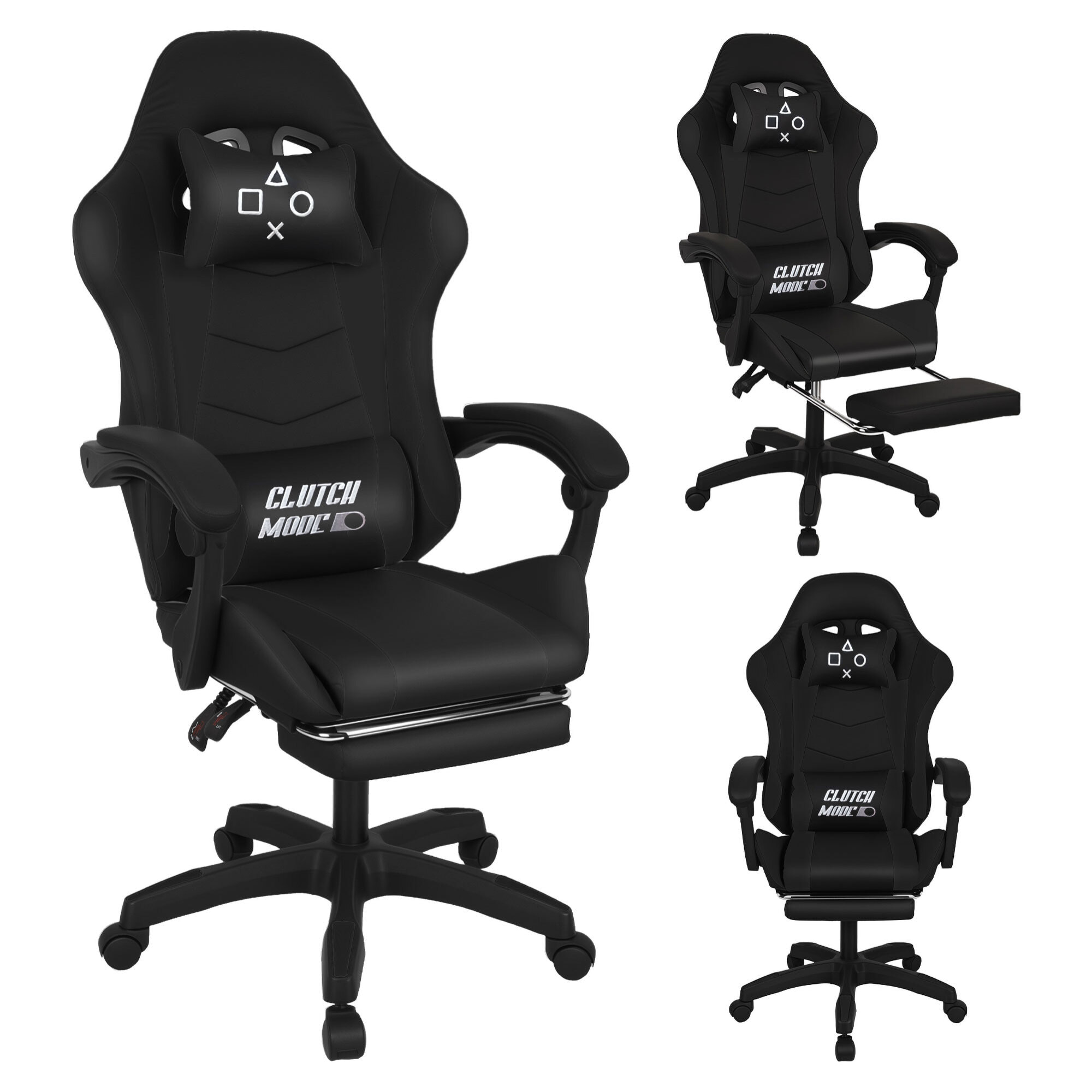 Clutch - Sedia da Gaming Ergonomica con Cuscino Lombare Poggiatesta e Poggiapiedi in PVC Nera