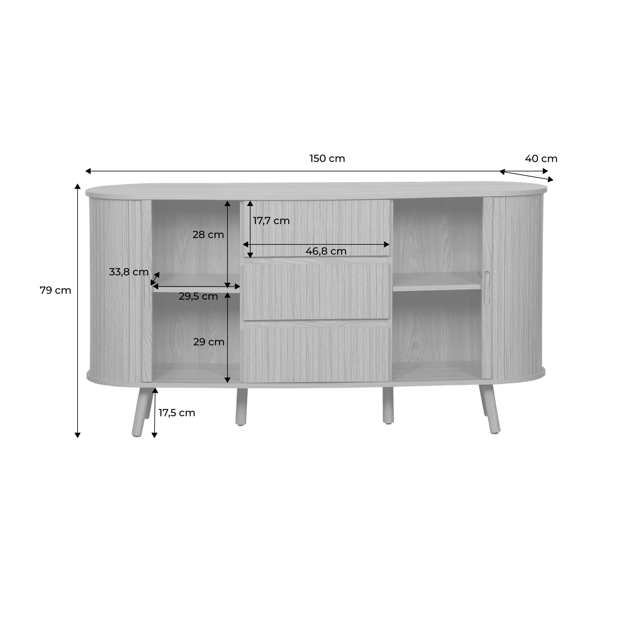 Buffet scandinave ovale 2 portes coulissantes. 4 compartiments. 3 tiroirs. effet bois rainuré. teinte noyer. L 150 x P 40 x H 79cm