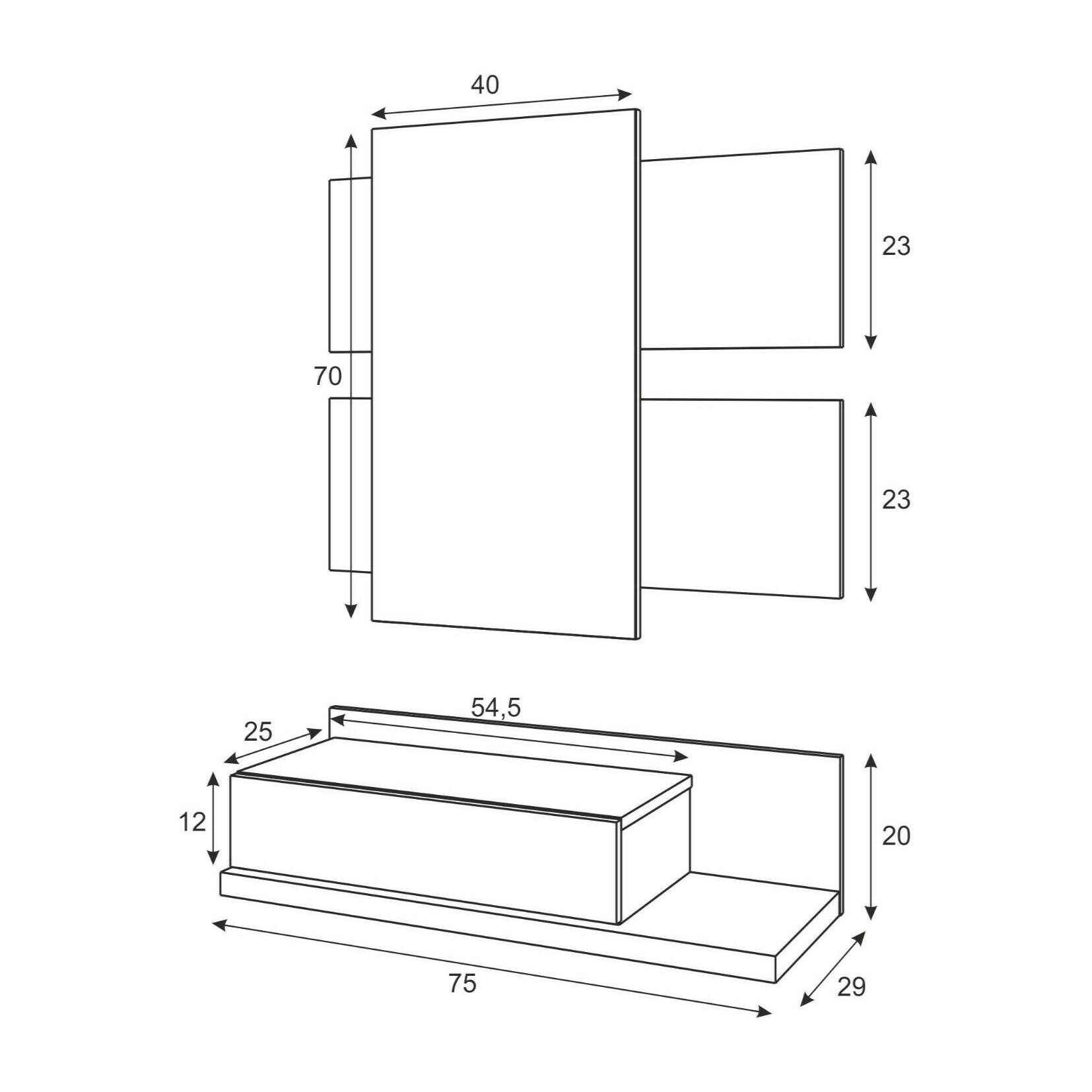 Mobile da ingresso Erie, Entratina sospesa con specchio, Mobile con cassetto per entrata, cm 75x29h90, Bianco e Cemento