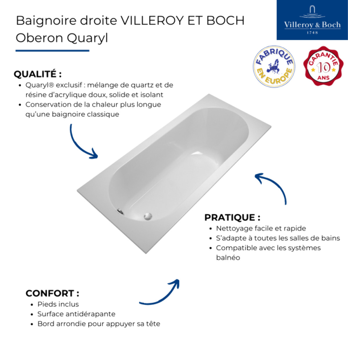 Baignoire droite Oberon quaryl 170 x 70 cm  + Pare bain gauche AURYS Mist 1 chromé