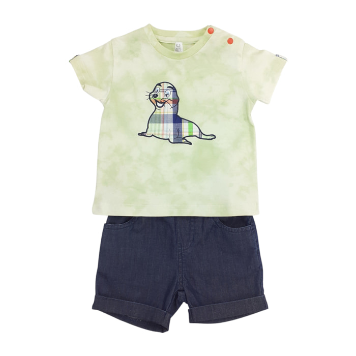 SET TSHIRT JERSEY VERDE MALTINTO E SHORT CHAMBRAY APPLICAZIONE FOCA