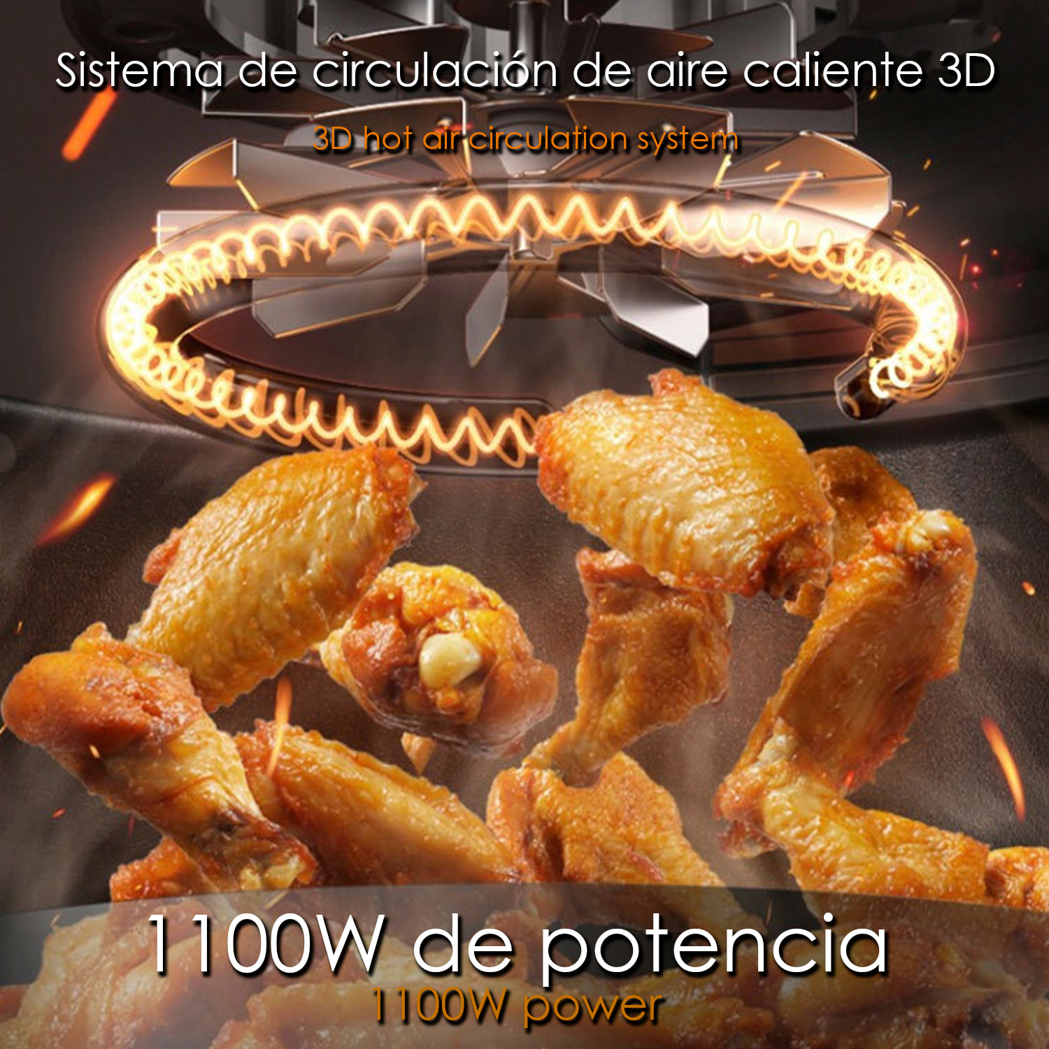 Friggitrice ad aria senza olio 1100w 5,5L pannello LED touch multifunzione. Design esclusivo del vaso con visione a 360°.