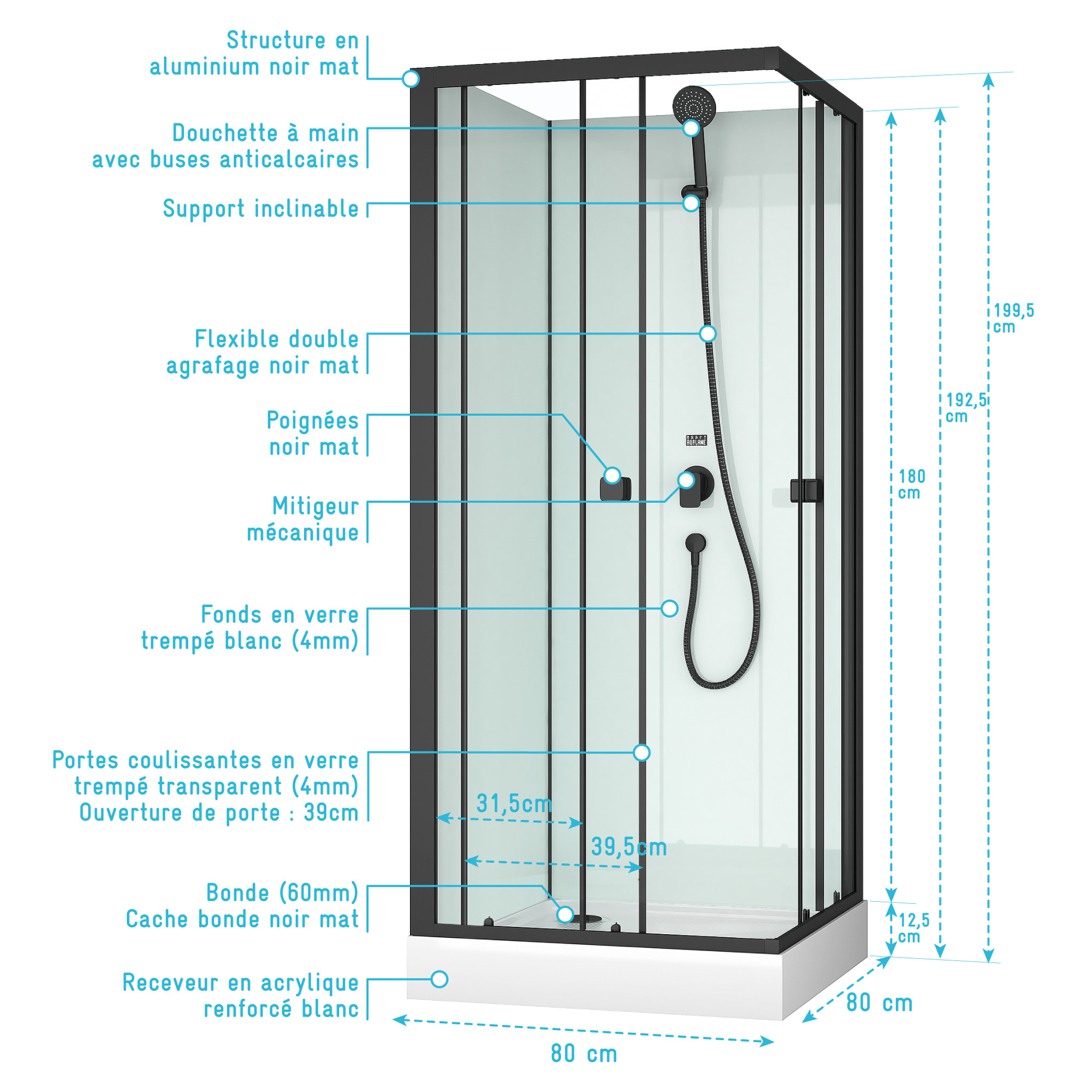 Cabine de douche carrée 80x80x200 cm - Portes coulissantes - Fonds Blancs & Profilés Noir Mat