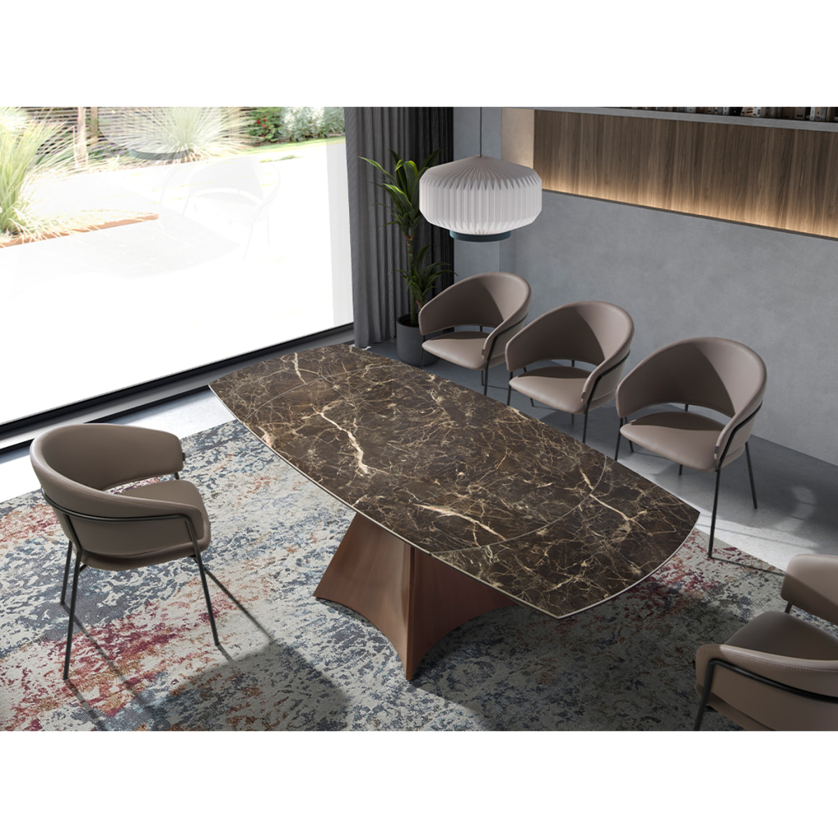 Mesa comedor extensible ovalada barril con tapa de mármol porcelánico en marrón con vetas crema en acabado brillo 135x90x75cm