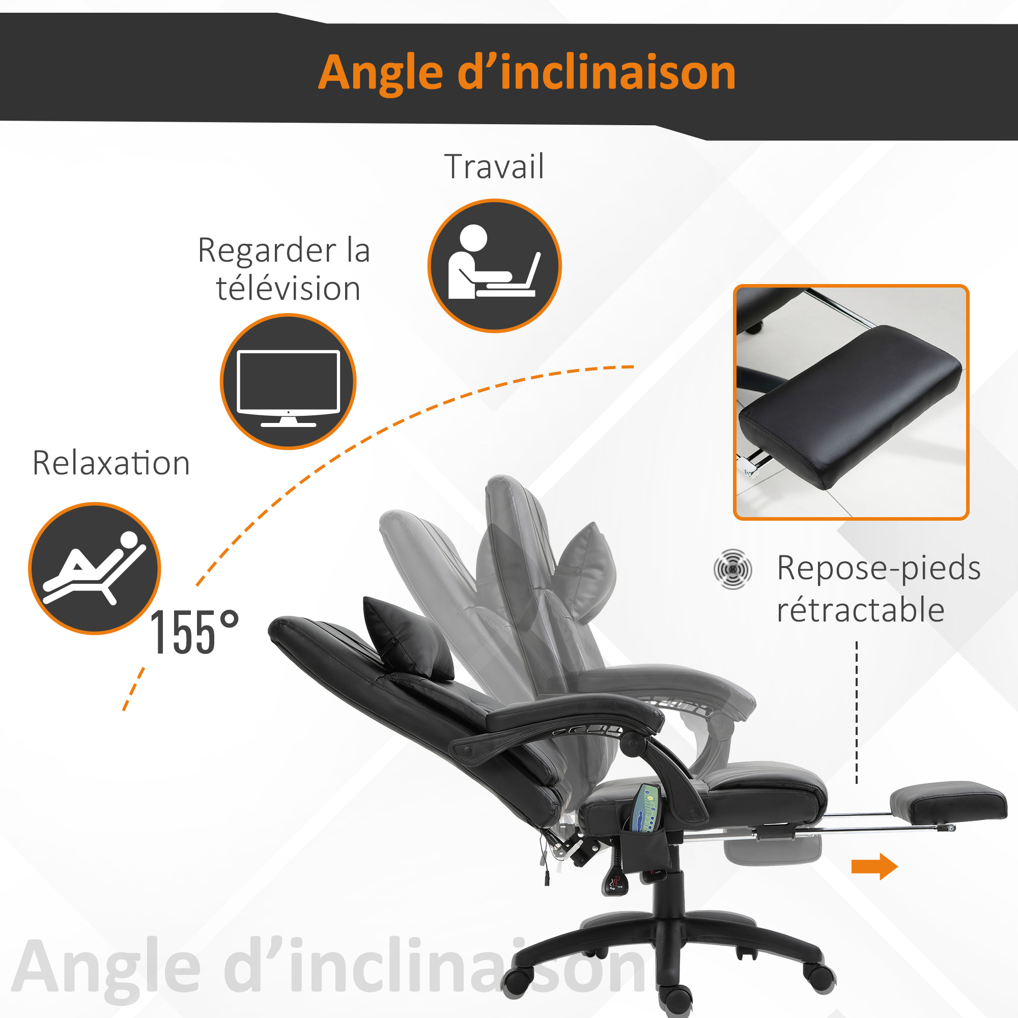 Fauteuil de bureau manager massant hauteur réglable dossier inclinable repose-pied + appui-tête 68 x 79 x 104-112 cm noir