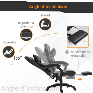 Fauteuil de bureau manager massant hauteur réglable dossier inclinable repose-pied + appui-tête 68 x 79 x 104-112 cm noir