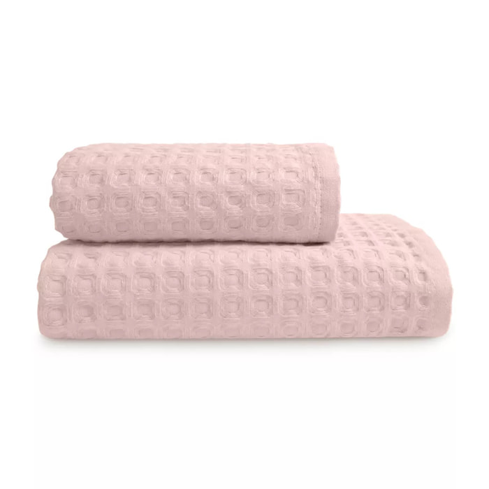 Serviette eponge pur coton 240 g/m² nid d'abeille rose Detente rose poudre
