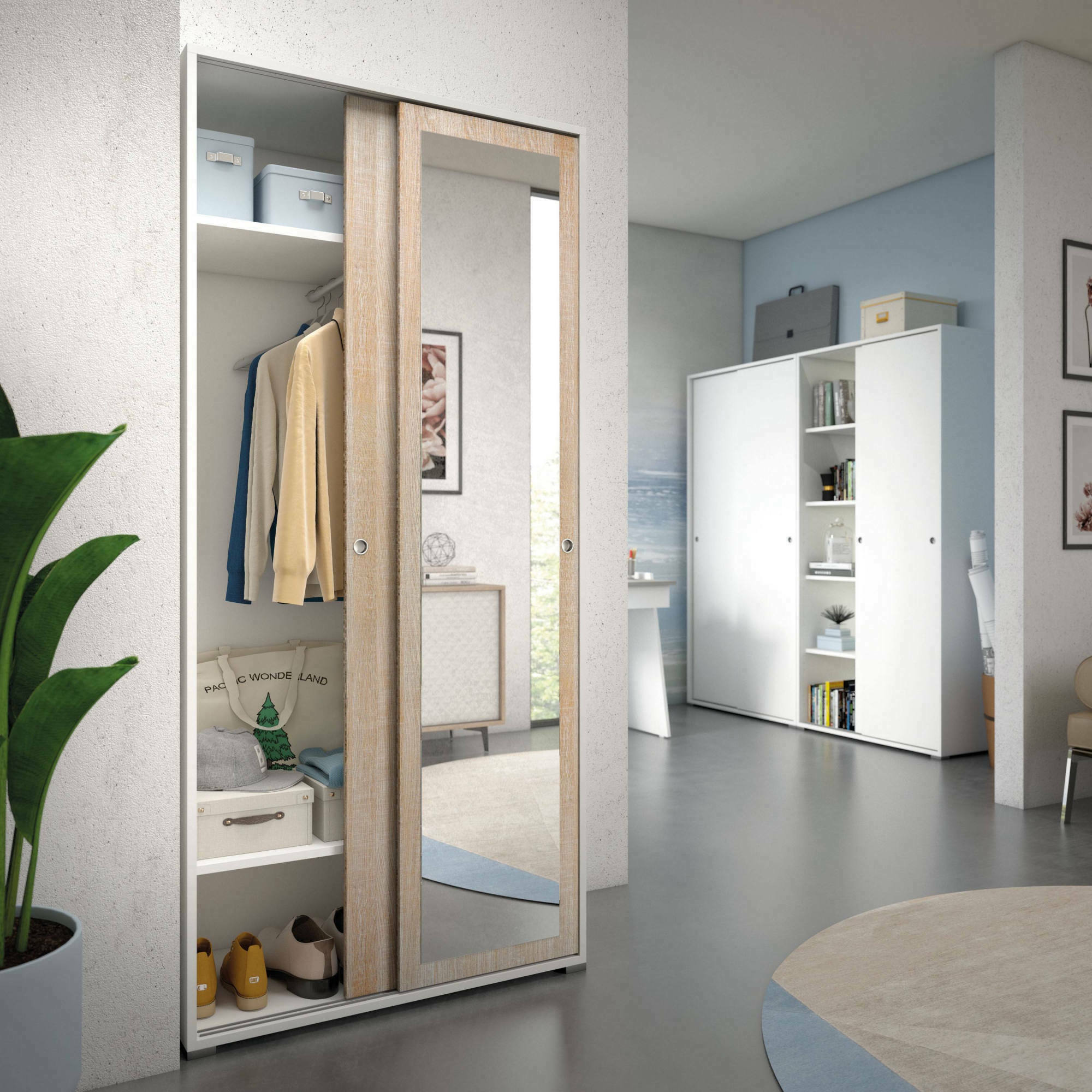 Guardaroba Abduhl, Armadio a 2 ante scorrevoli e specchio, Mobile con barra appendiabiti e ripiani, 100% Made in Italy, 90x45h195 cm, Rovere e Bianco