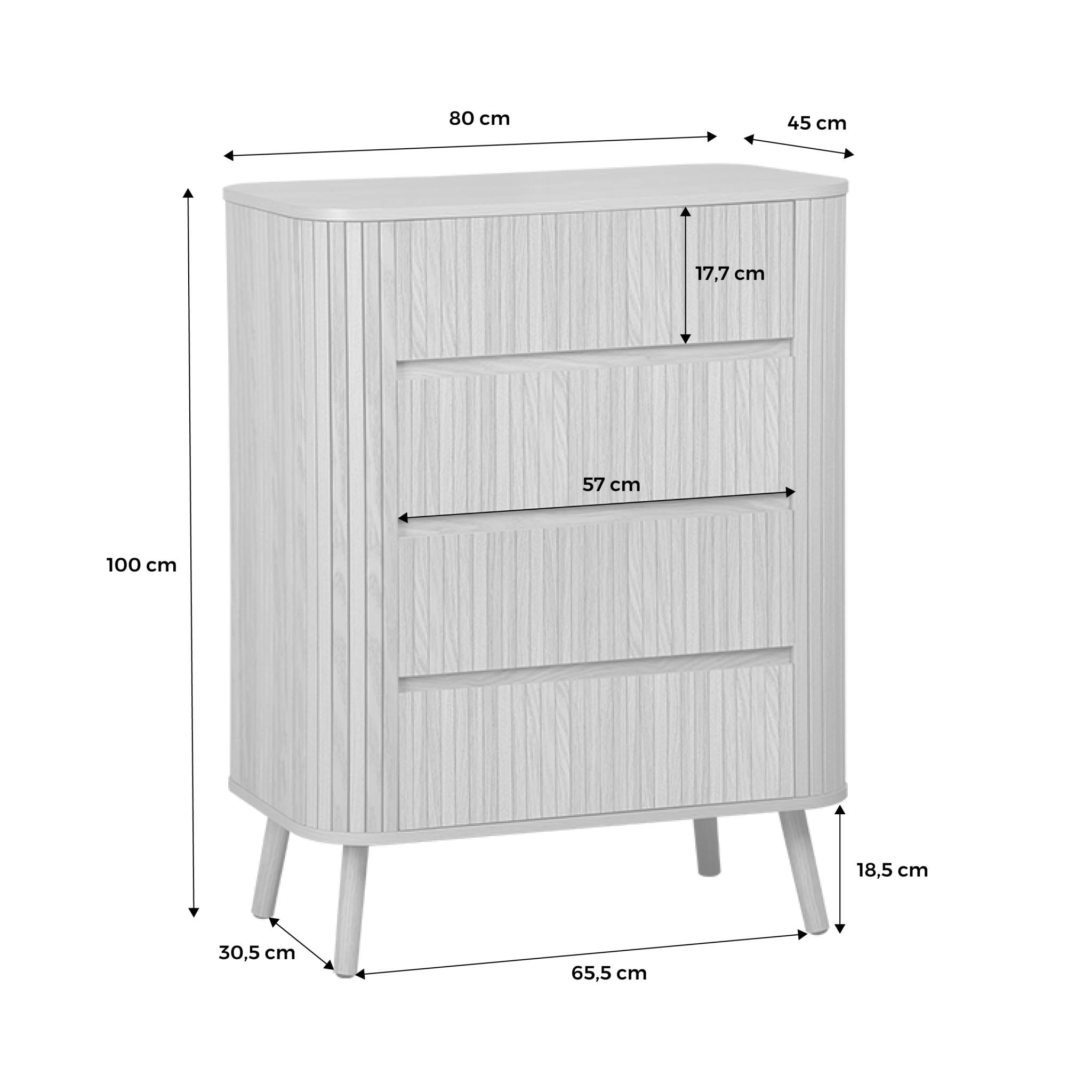 Commode 4 tiroirs. décor strié noyer. L 80x P 45  H 100cm