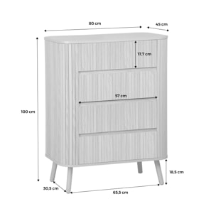 Commode 4 tiroirs. décor strié noyer. L 80x P 45  H 100cm