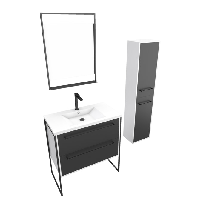 Meuble Salle de Bains 80 cm, Vasque Blanche, Miroir Led et Colonne - Blanc et Noir - STRUCTURA