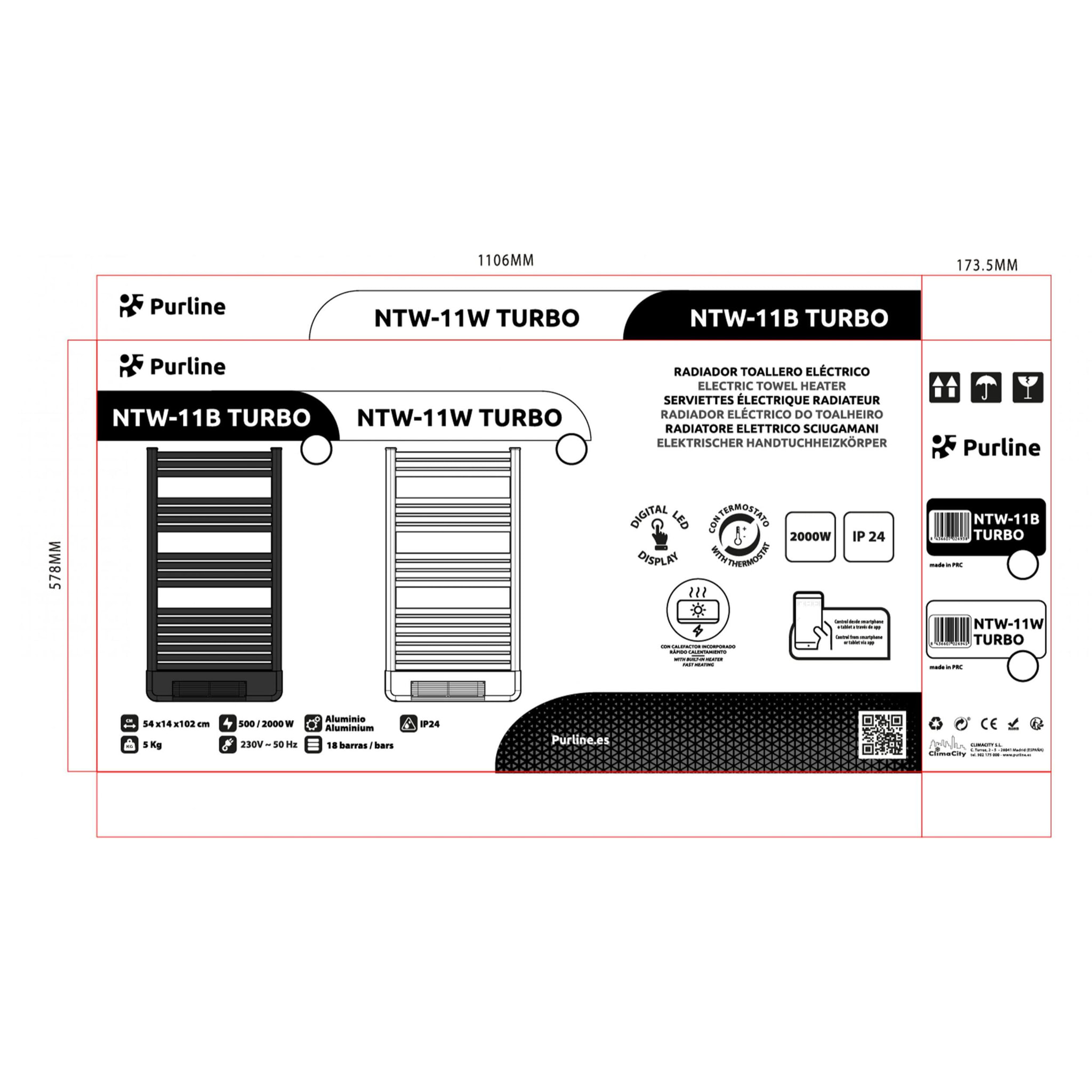 Radiador Toallero con calefactor integrado y control WiFi NTW-11W TURBO PURLINE 2000 W