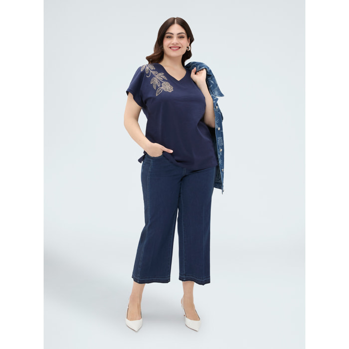 Fiorella Rubino - Camiseta de algodón con aplicación floral - Azul