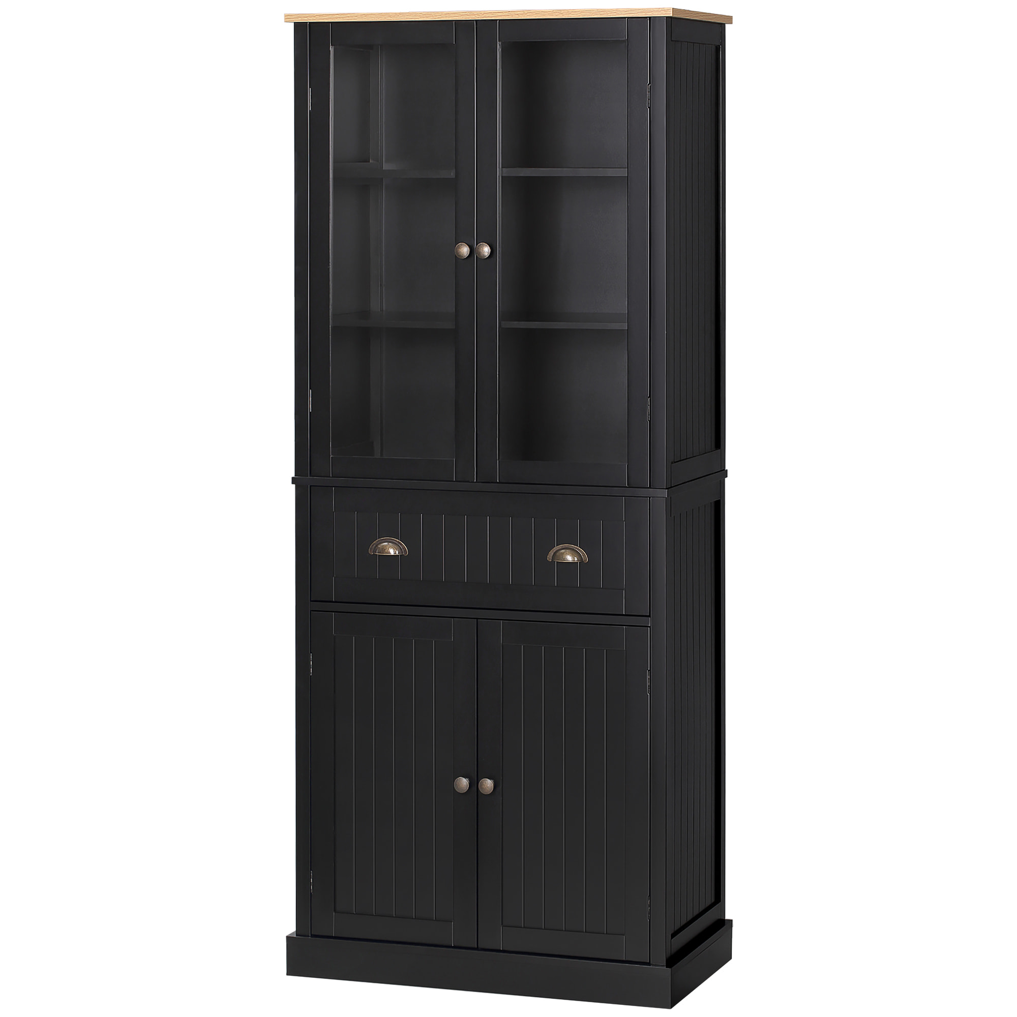 Armoire de cuisine buffet haut 4 portes grand tiroir coulissant dim. 76L x 40l x 182H cm panneaux noir verre