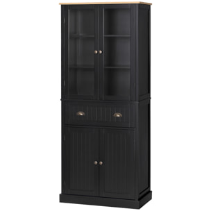 Armoire de cuisine buffet haut 4 portes grand tiroir coulissant dim. 76L x 40l x 182H cm panneaux noir verre